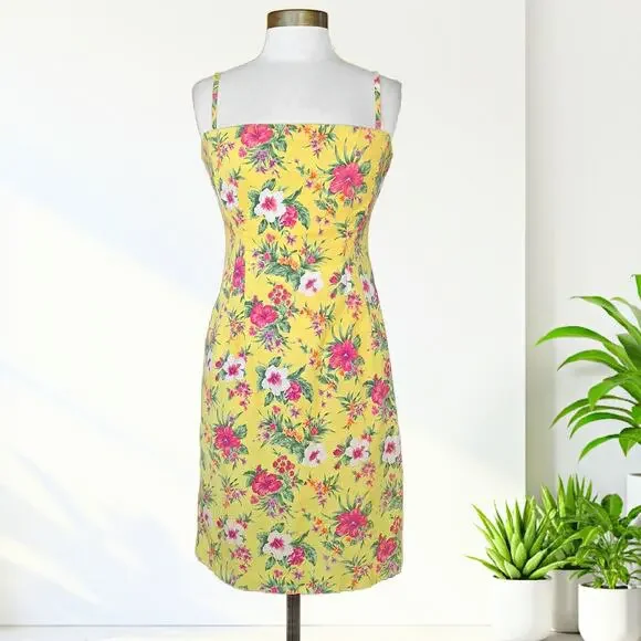 Vtg 90s Y2K RALPH Lauren Hawaiian Floral Strapless Dress Yellow Pinup Fit Med - Picture 1 of 10